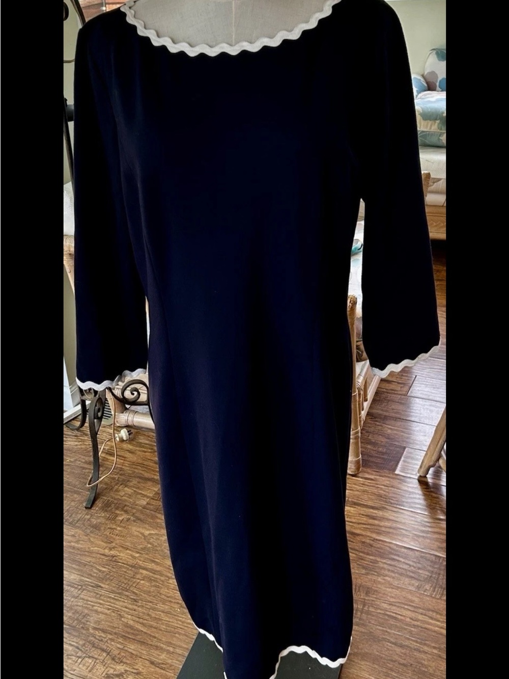 Talbots Navy Blue Dress with White Scalloped Trim Size 12